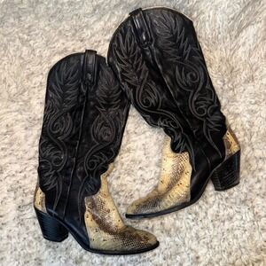 Vintage ACME Genuine Snakeskin Cowboy Boots Black Embroidered‎ Women's 6.5M USA